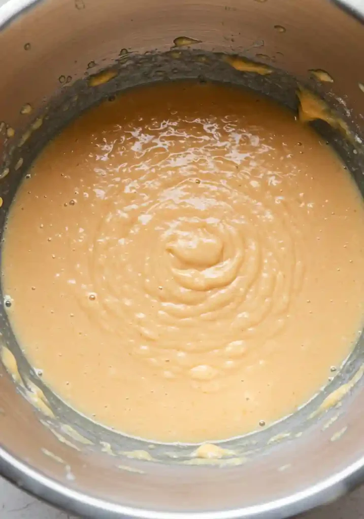 Bowl with pumpkin puree, oil, egg, milk and vanilla being whisked together showing smooth orange mixture