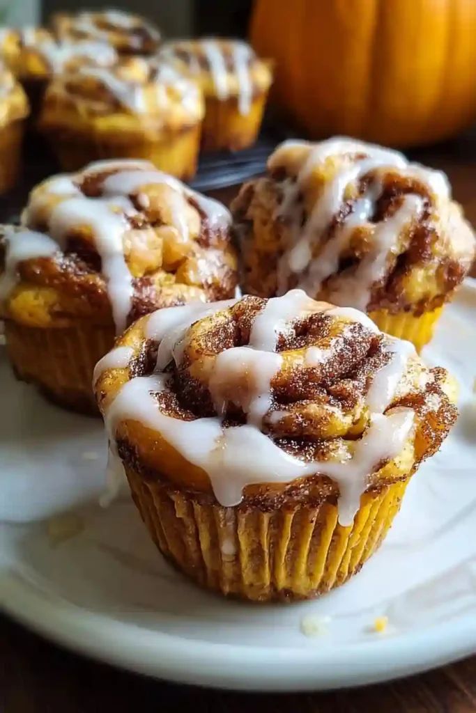 Hand drizzling white glaze over freshly baked pumpkin cinnamon roll muffins cooling on wire rack