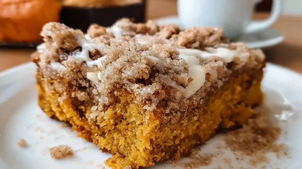 Delicious pumpkin coffee cake with cinnamon crumb topping on white plate
