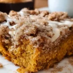 Delicious pumpkin coffee cake with cinnamon crumb topping on white plate