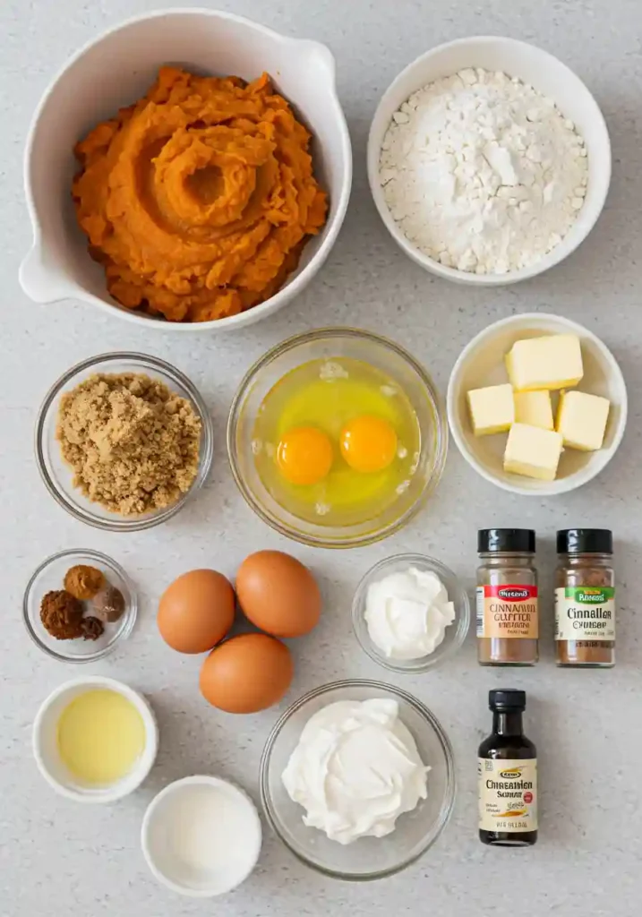 All ingredients for pumpkin coffee cake recipe arranged on counter