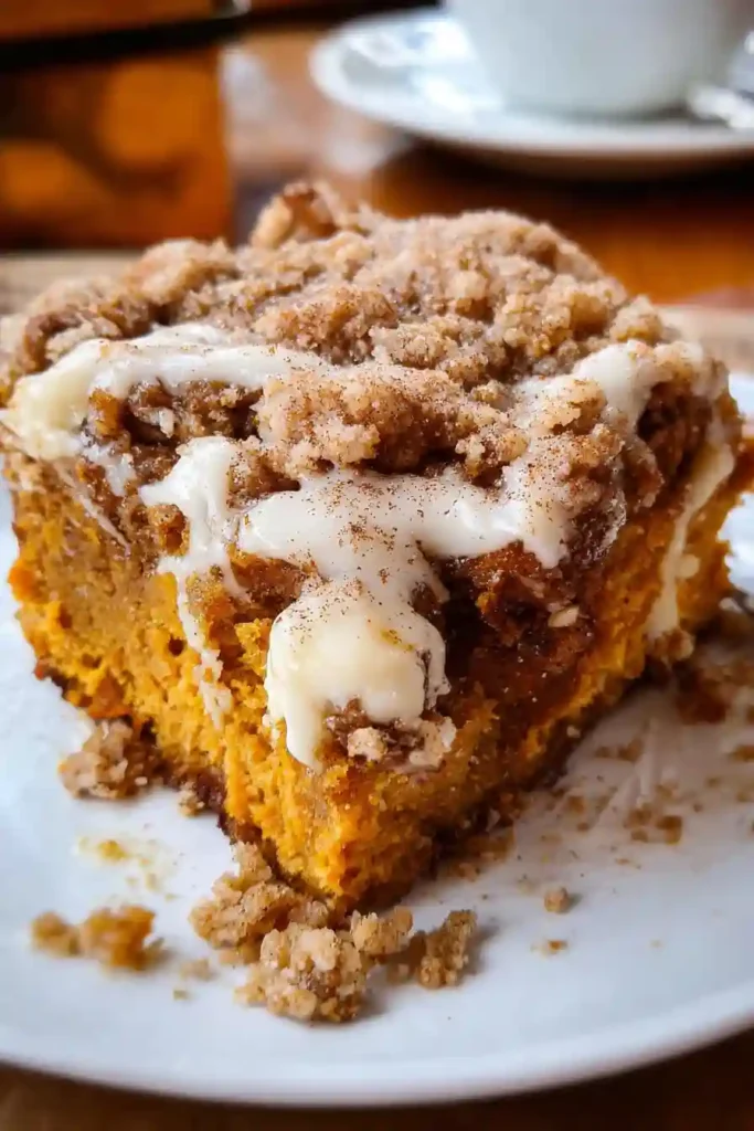 Cooled pumpkin coffee cake being drizzled with vanilla glaze
