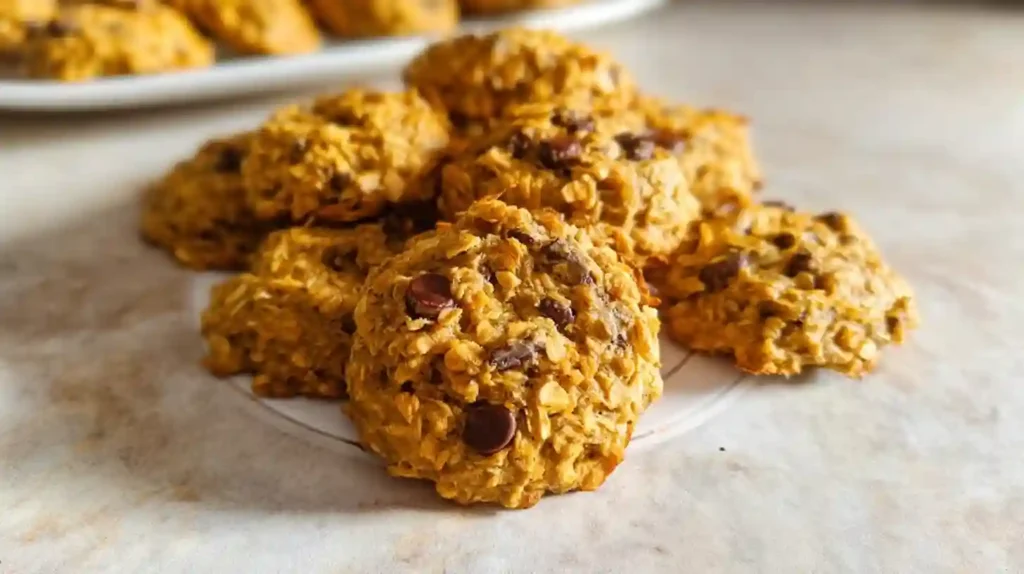Stack of soft pumpkin oatmeal chocolate chip cookies on white plate with pumpkin and cinnamon sticks
