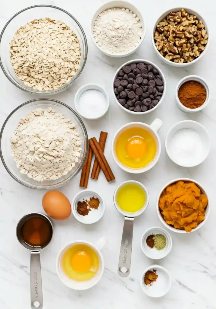 All ingredients for pumpkin oatmeal chocolate chip cookies laid out including oats, pumpkin puree, flour, and chocolate chips