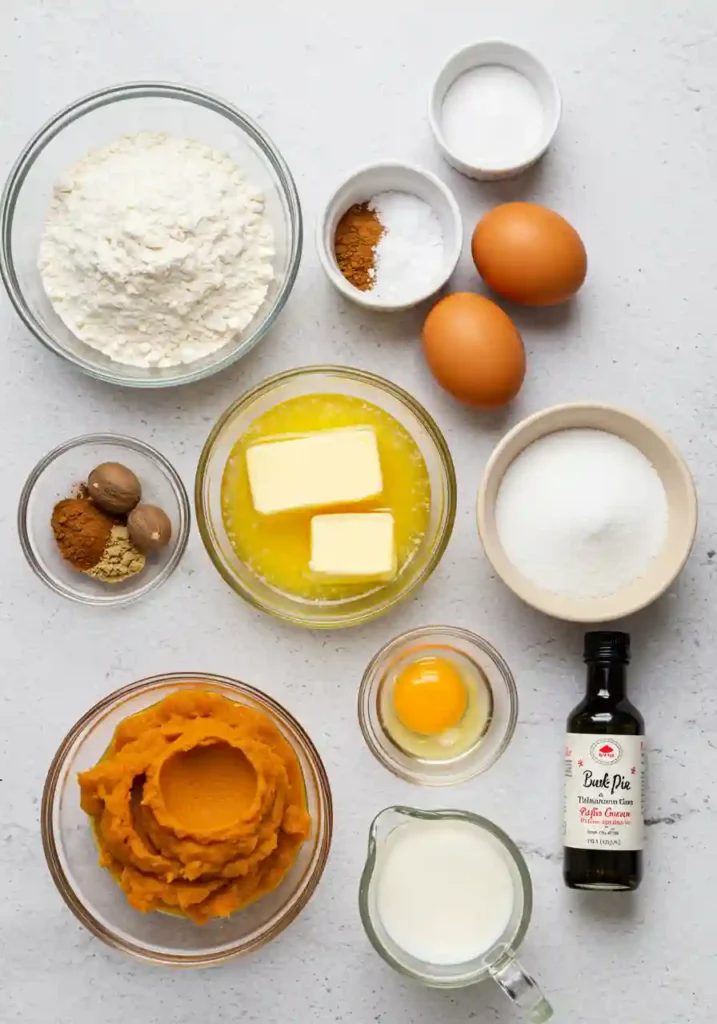 All ingredients for pumpkin pie cupcakes including pumpkin puree, flour, spices, eggs and butter arranged on kitchen counter