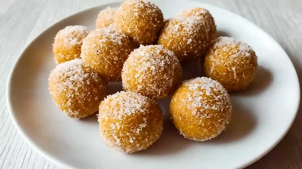 Stack of orange pumpkin protein balls on white plate with pumpkin spice scattered around and fall leaves in background