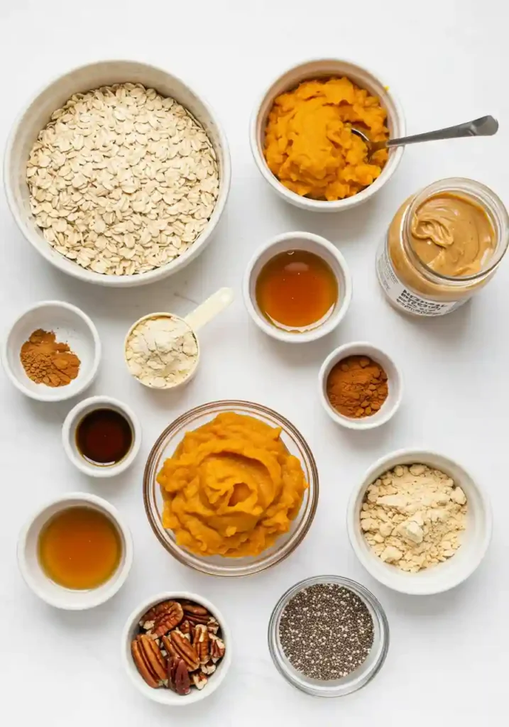 Laid out ingredients for pumpkin protein balls including oats, pumpkin puree, protein powder, peanut butter and spices on marble countertop