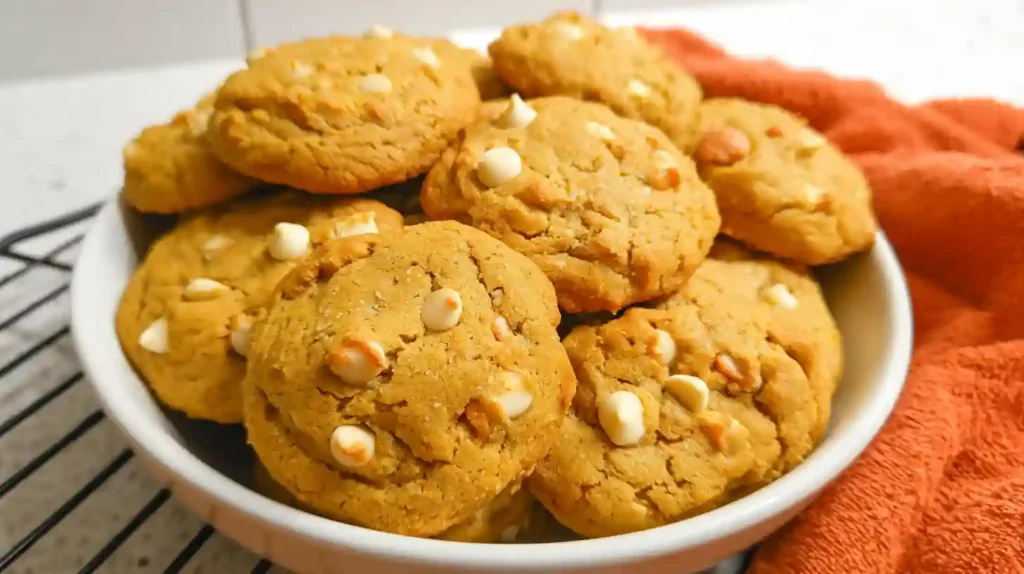 Stack of soft pumpkin white chocolate chip cookies on white plate with fall decorations