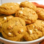 Stack of soft pumpkin white chocolate chip cookies on white plate with fall decorations