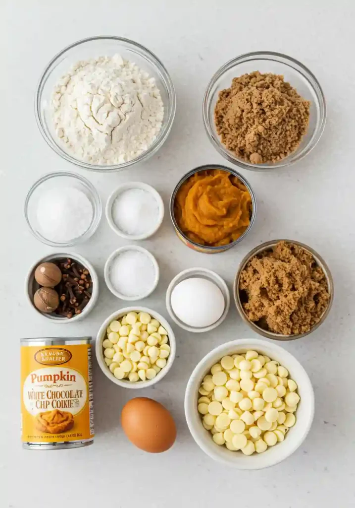 All ingredients for pumpkin white chocolate chip cookies laid out on marble counter including pumpkin puree, flour, spices, and white chocolate chips