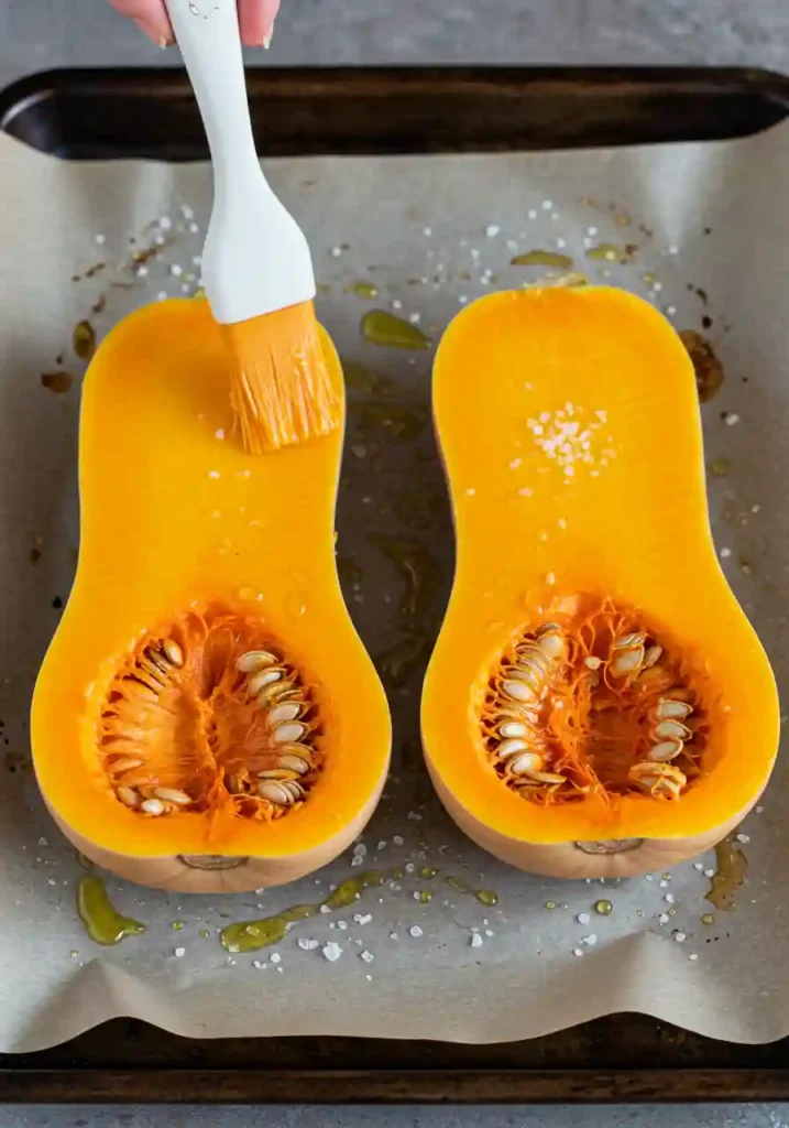 Halved butternut squash brushed with oil on baking sheet ready for roasting to make butternut squash puree