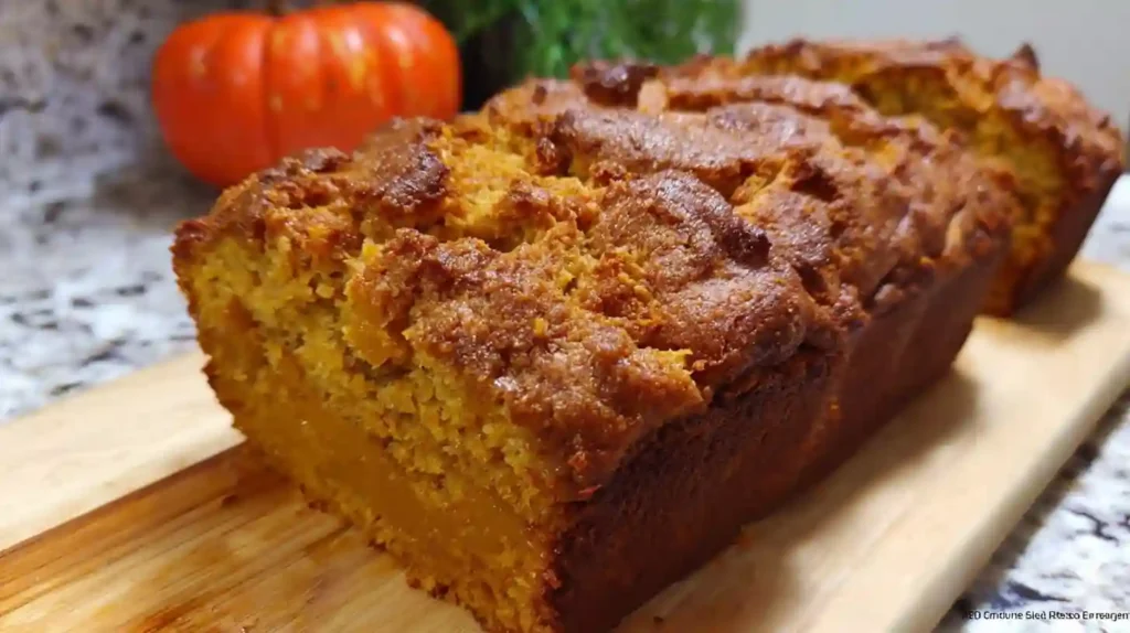 Freshly baked butternut squash bread sliced on wooden cutting board showing moist texture and golden color