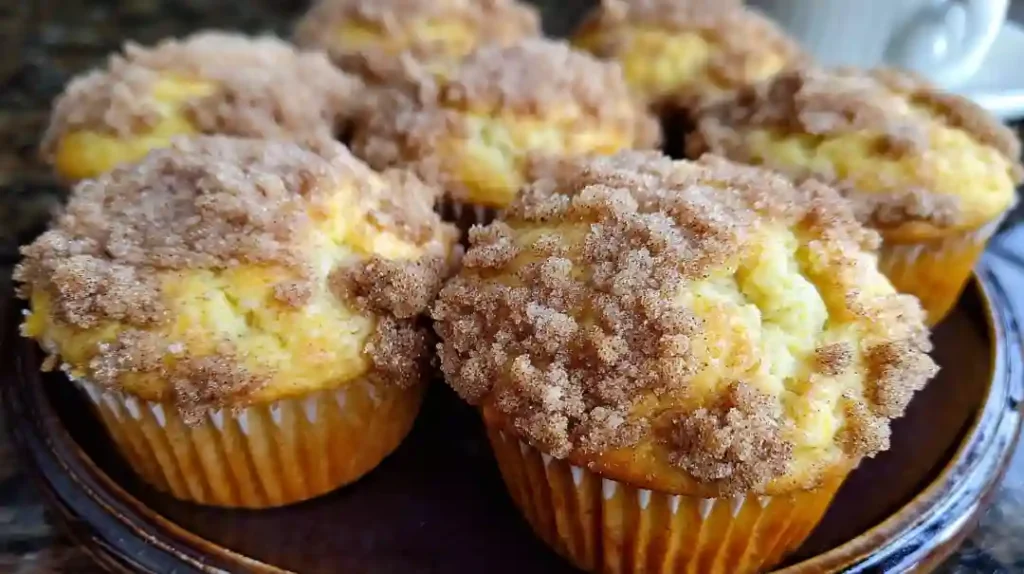 Stack of golden sour cream coffee cake muffins with cinnamon streusel topping on white plate
