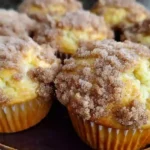 Stack of golden sour cream coffee cake muffins with cinnamon streusel topping on white plate