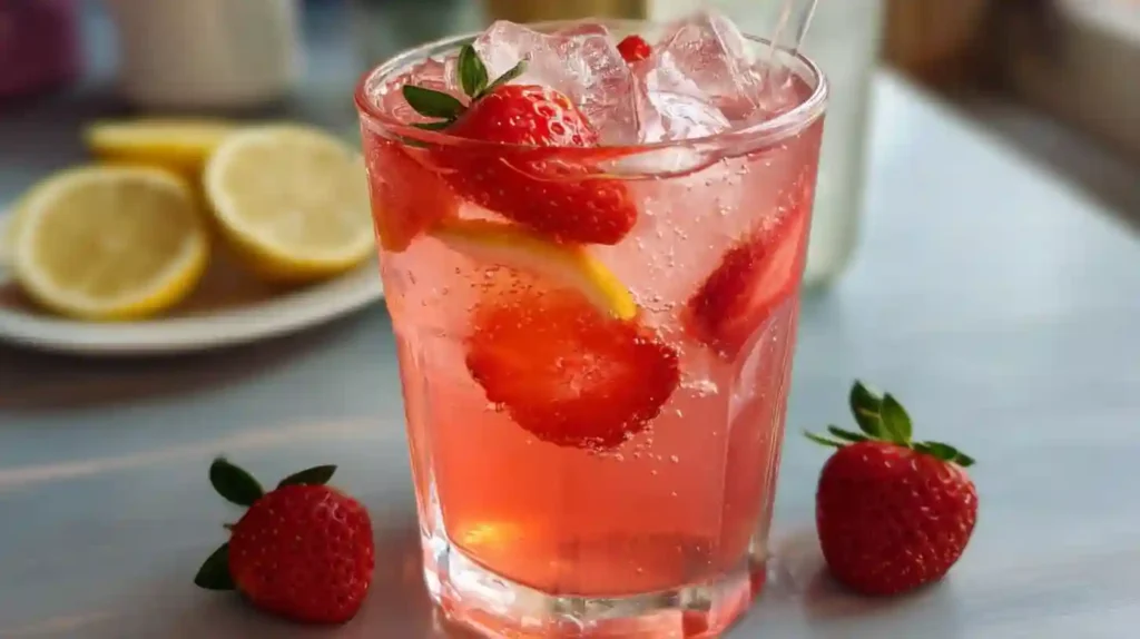 Homemade Strawberry Lemonade in Glass Pitcher Perfect Summer Drink
