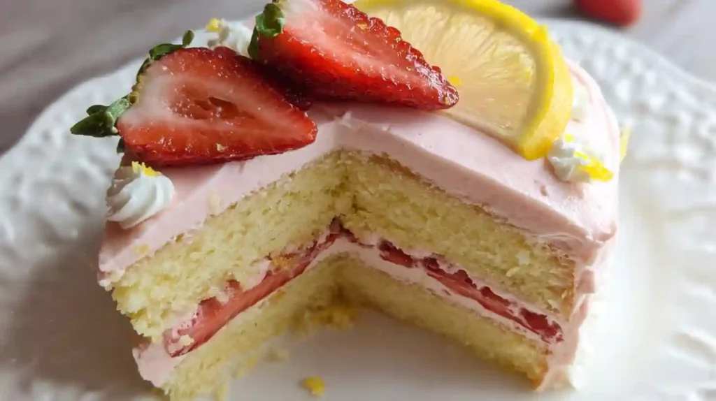 Strawberry lemonade cake with pink layers and lemon frosting on white plate