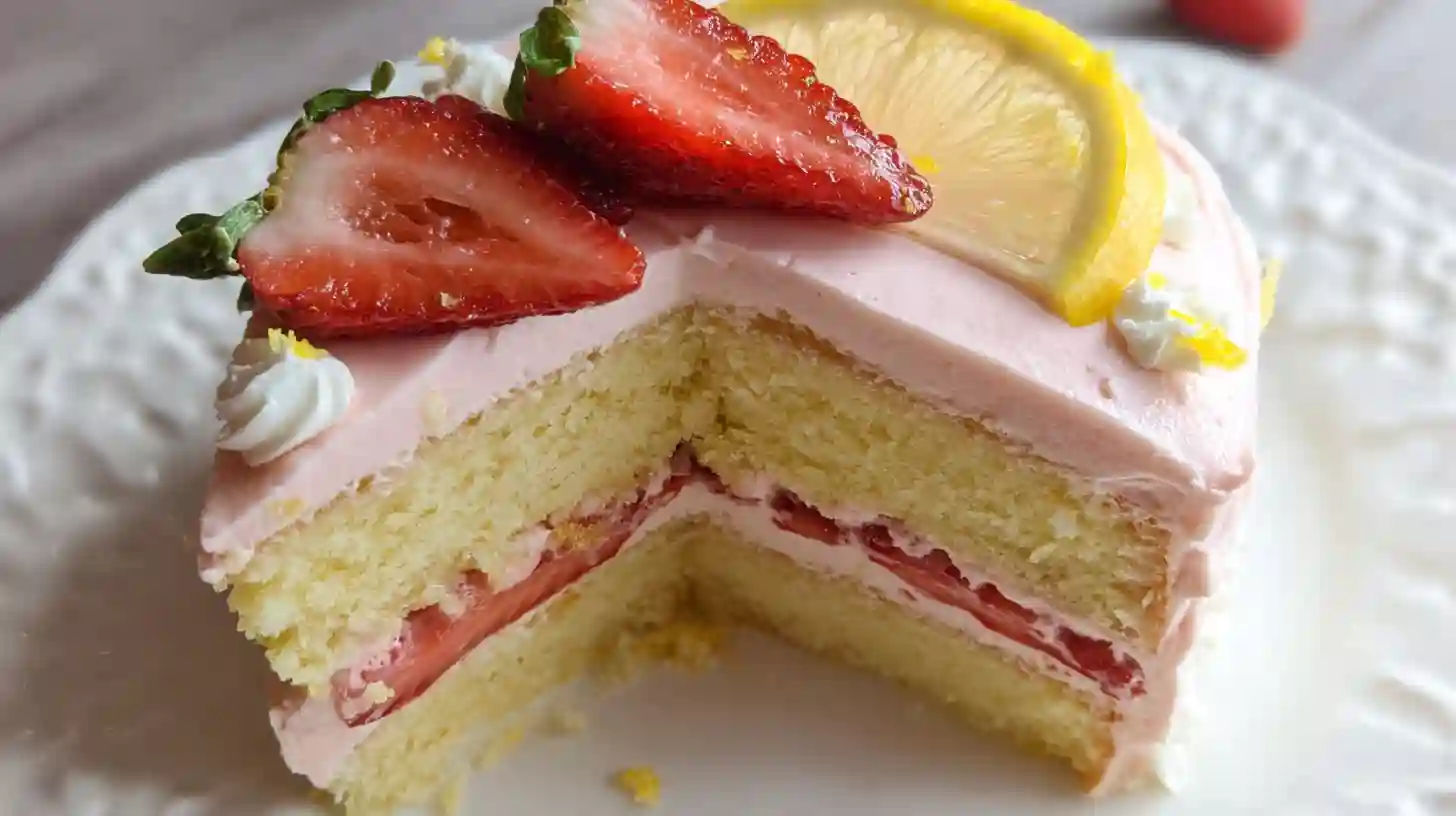 Strawberry lemonade cake with pink layers and lemon frosting on white plate