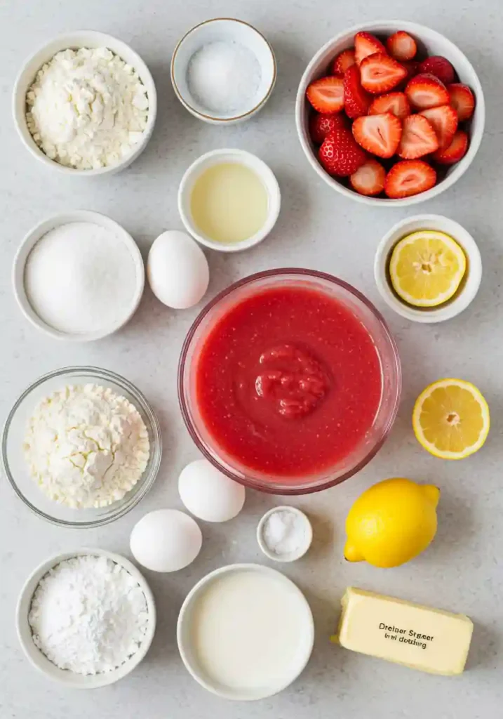 Baking ingredients for strawberry lemonade cake including fresh strawberries, lemons, flour, and butter 