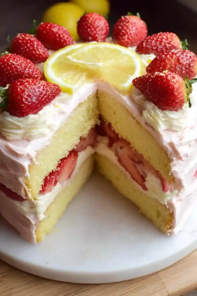 Hands spreading lemon buttercream frosting on strawberry cake layer with offset spatula