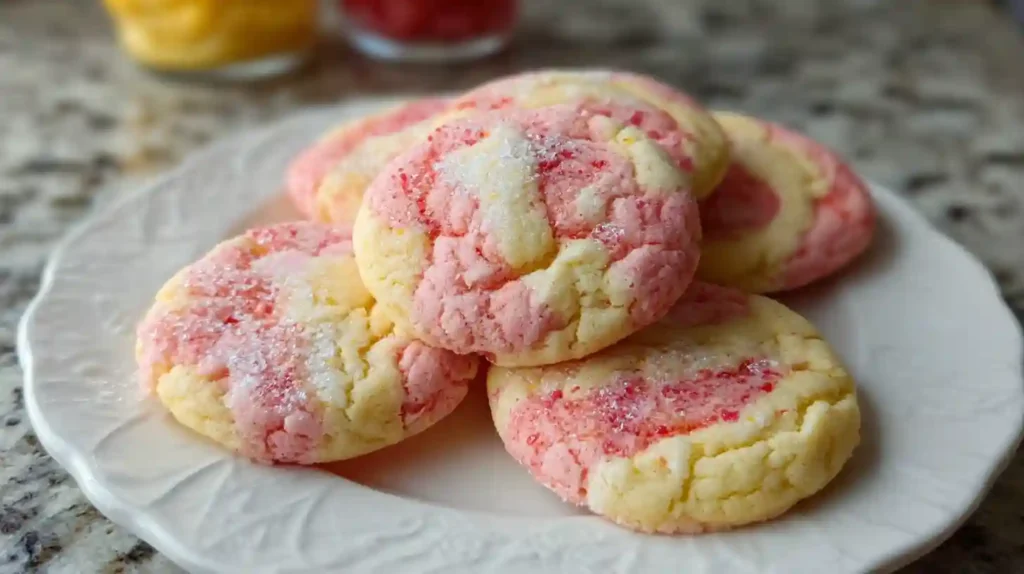 Stack of soft strawberry lemonade cookies with pink glaze on white plate with fresh strawberries and lemon slices