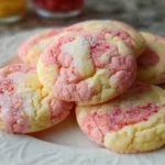 Stack of soft strawberry lemonade cookies with pink glaze on white plate with fresh strawberries and lemon slices
