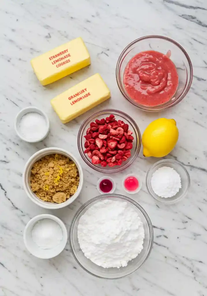 All ingredients for strawberry lemonade cookies laid out including flour, butter, sugar, eggs, lemon, and freeze-dried strawberries