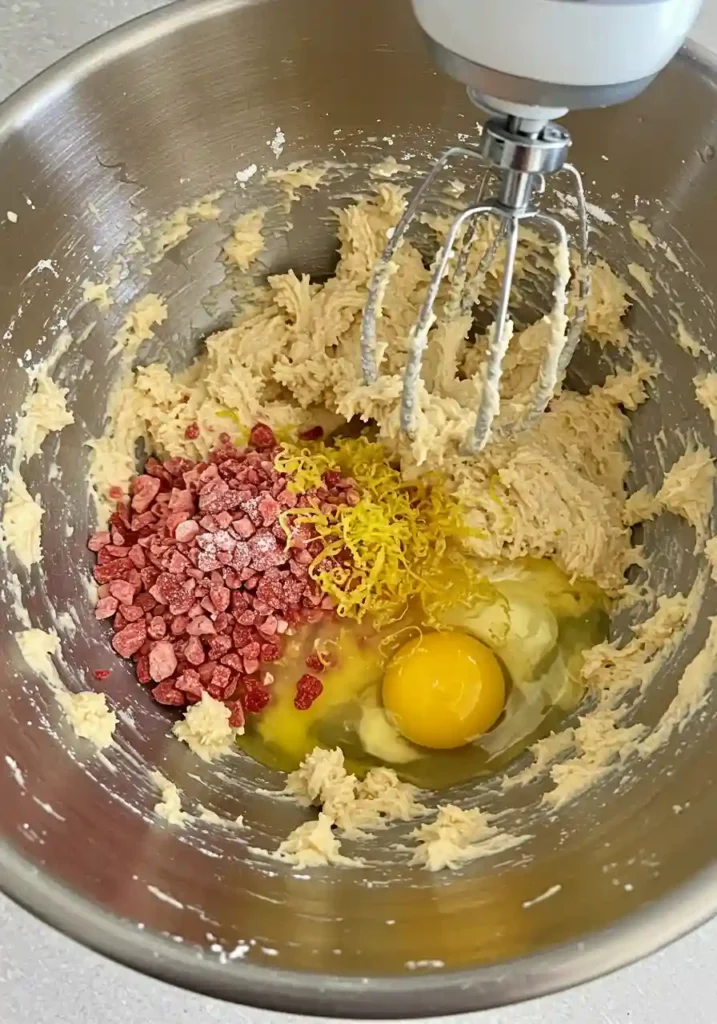 Electric mixer creaming butter and sugar for strawberry lemonade cookies in large mixing bowl