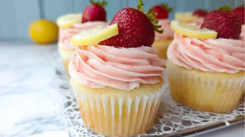 Delicious strawberry lemonade cupcakes topped with pink strawberry buttercream frosting and fresh strawberry garnish