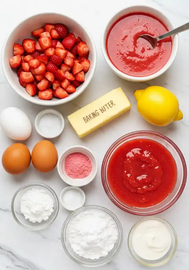 All ingredients for strawberry lemonade cupcakes including fresh strawberries, lemons, flour, butter, eggs and sugar arranged on marble countertop