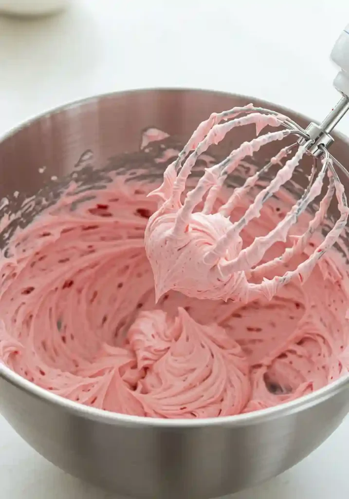 Electric mixer bowl with pink strawberry buttercream frosting being whipped to perfect consistency for cupcake decoration