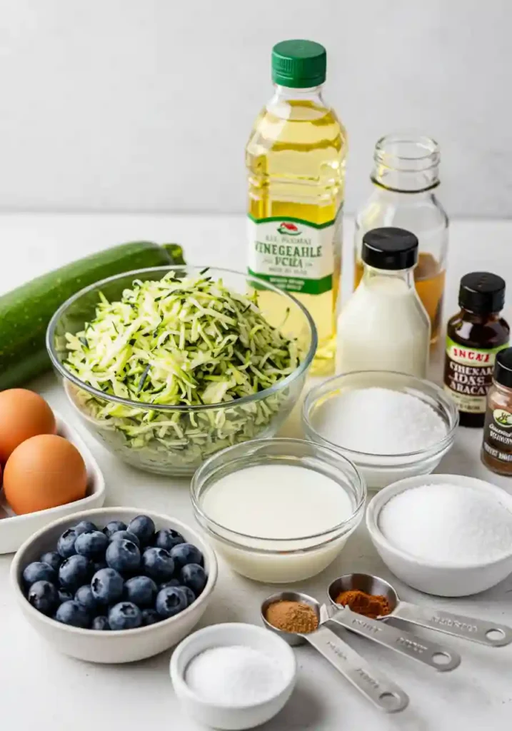All ingredients for zucchini blueberry muffins including flour, eggs, oil, fresh blueberries and grated zucchini
