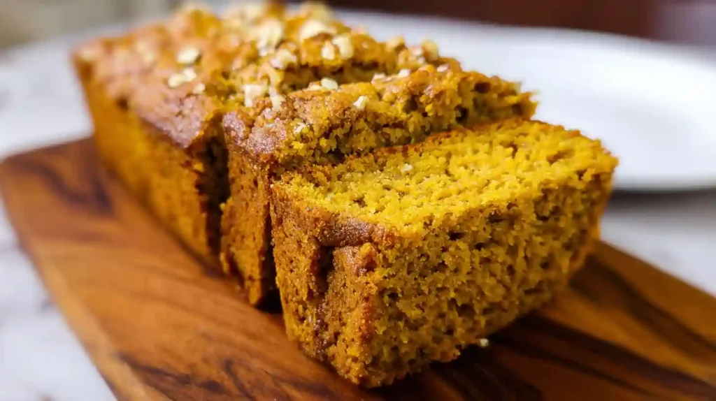 Sliced almond flour pumpkin bread on wooden board showing moist orange crumb texture