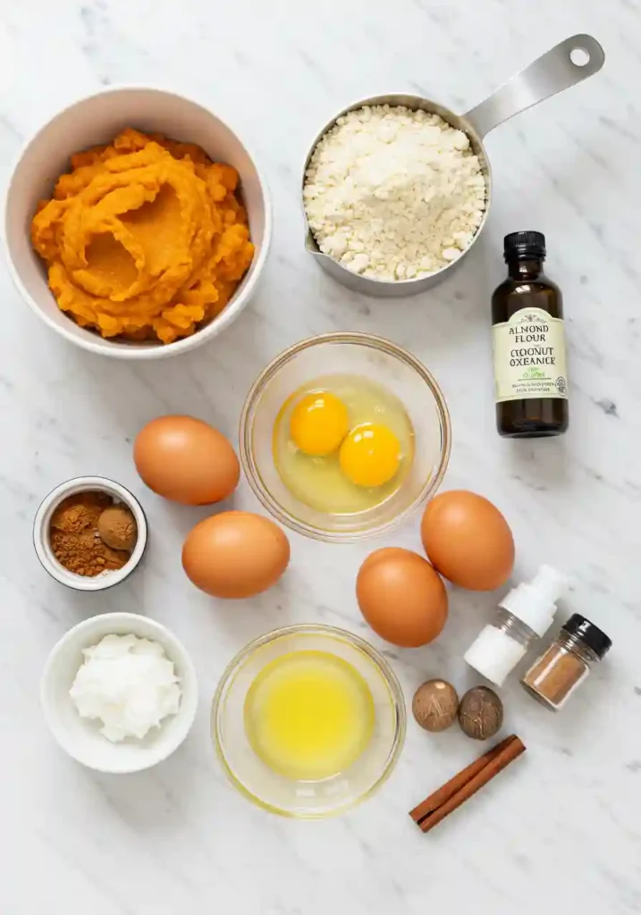 Raw ingredients for almond flour pumpkin bread including pumpkin puree, almond flour, eggs and spices