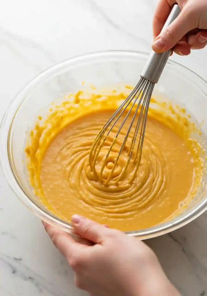 Hands whisking pumpkin puree mixture in glass bowl for almond flour pumpkin bread