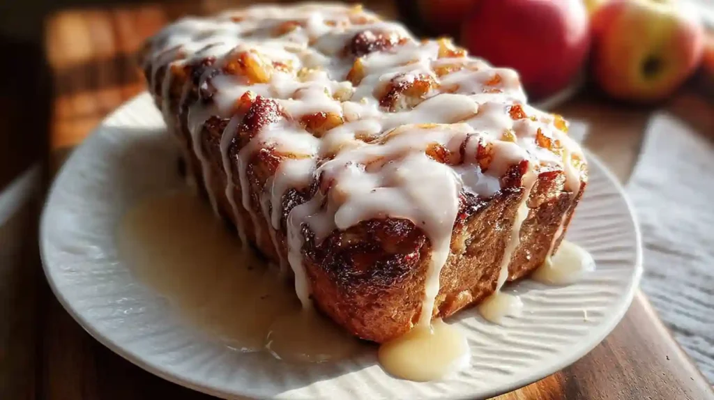 Homemade Amish Apple Fritter Bread with vanilla glaze drizzled on top, sliced to show cinnamon swirl interior