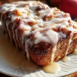Homemade Amish Apple Fritter Bread with vanilla glaze drizzled on top, sliced to show cinnamon swirl interior