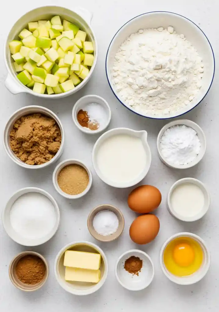 All ingredients needed for Amish Apple Fritter Bread including flour, apples, cinnamon, butter, and sugar arranged on counter
