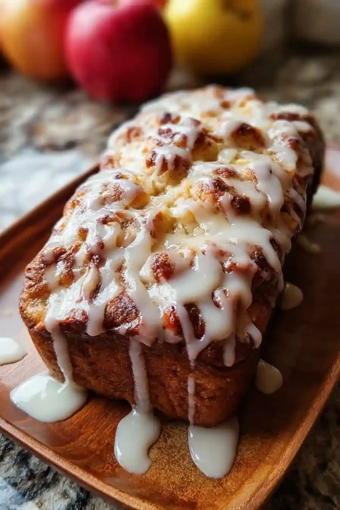 Amish Apple Fritter Bread with golden brown top baking in loaf pan inside oven