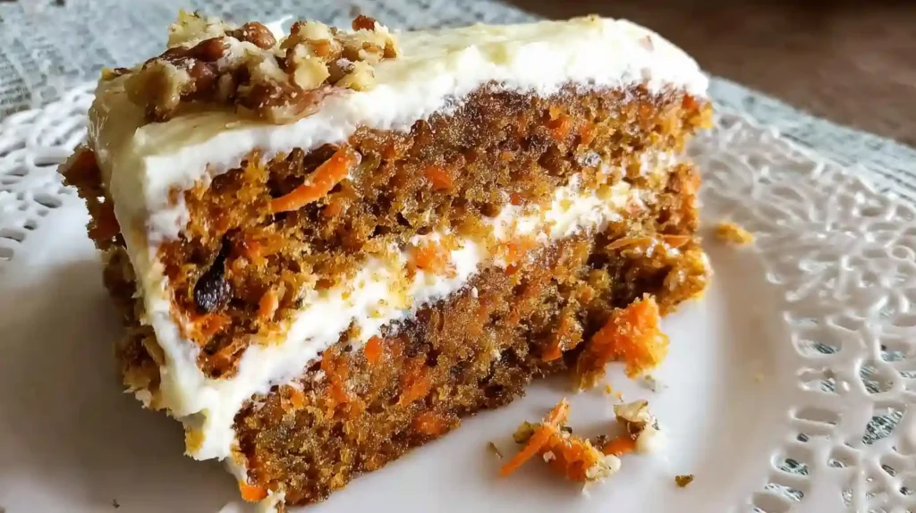 Traditional two-layer Amish carrot cake with thick cream cheese frosting on rustic wooden cake stand