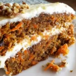 Traditional two-layer Amish carrot cake with thick cream cheese frosting on rustic wooden cake stand