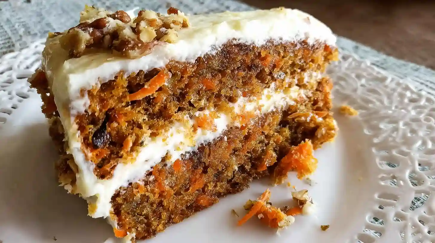 Traditional two-layer Amish carrot cake with thick cream cheese frosting on rustic wooden cake stand