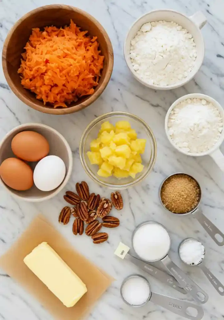 Fresh carrot cake ingredients including grated carrots, crushed pineapple, pecans, eggs, flour, and spices arranged on marble counter