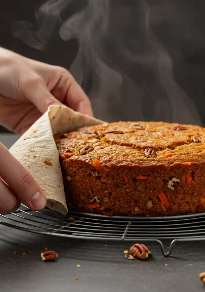 Golden-brown carrot cake layer being removed from baking pan onto wire cooling rack showing moist texture