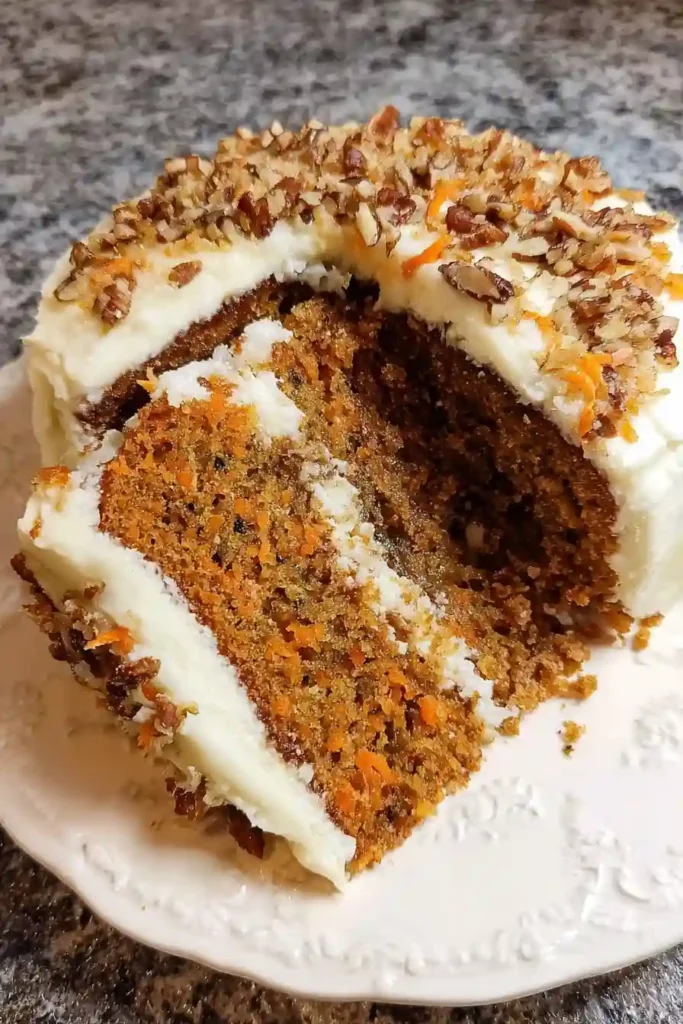 Two carrot cake layers being assembled with cream cheese frosting spread between layers using offset spatula