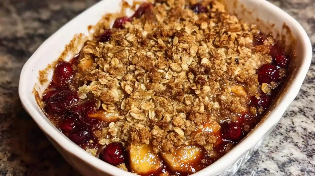 Golden-brown Apple Cranberry Crisp in white baking dish with bubbling fruit juices and crispy oat streusel topping
