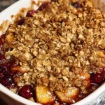 Golden-brown Apple Cranberry Crisp in white baking dish with bubbling fruit juices and crispy oat streusel topping