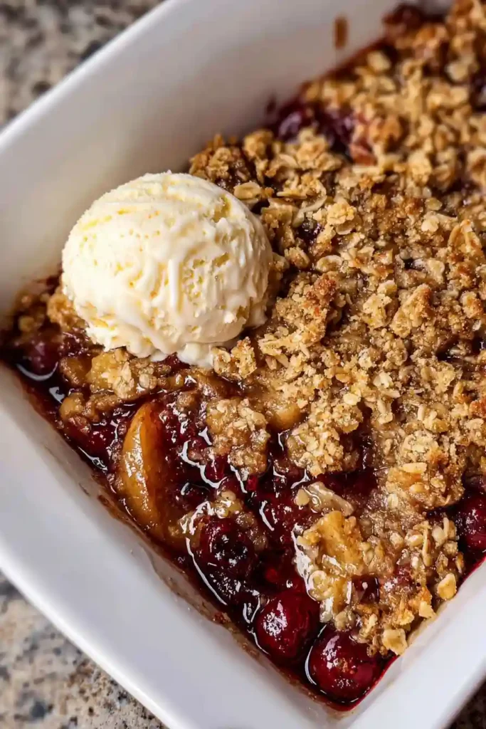 Unbaked Apple Cranberry Crisp showing fruit layer topped with oat crumble mixture in glass baking dish