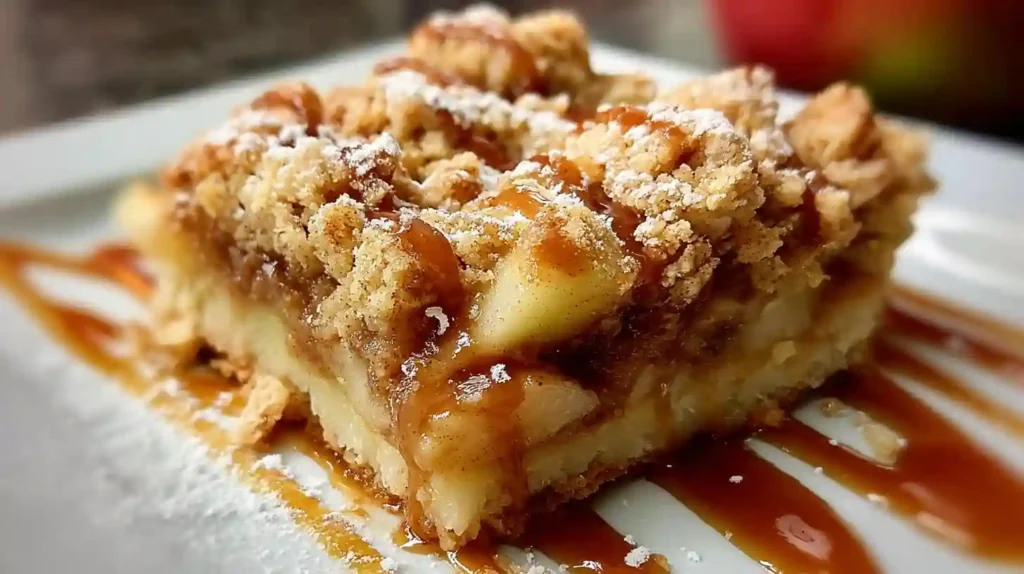 Golden-brown Apple Crisp Bars cut into squares showing layered oat crumble topping and spiced apple filling