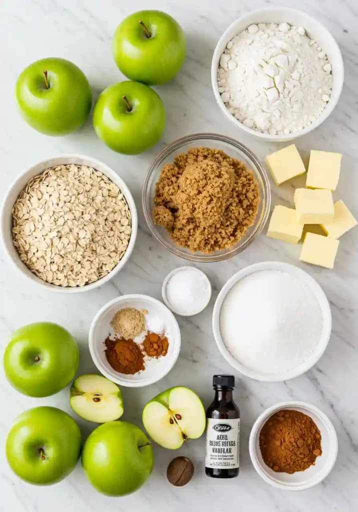 Apple Crisp Bars ingredients including fresh apples, oats, flour, brown sugar, butter, and warm spices arranged on marble surface