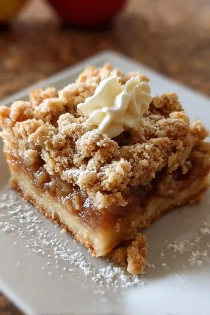Cooled Apple Crisp Bars in parchment-lined pan with knife positioned to cut, showing golden-brown finished texture